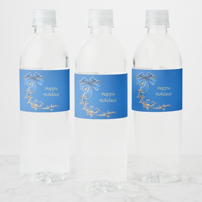 Blue Gold Flower Holiday Water Bottle Label (Bottles)