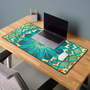 Blue Gold Flower Mandala Desk Mat