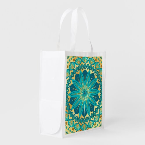 Blue Gold Flower Mandala Grocery Bag
