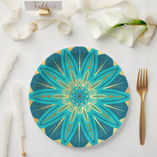 Blue Gold Flower Mandala Paper Plates