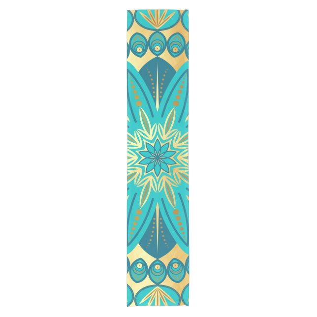 Blue Gold Flower Mandala Short Table Runner (Front)