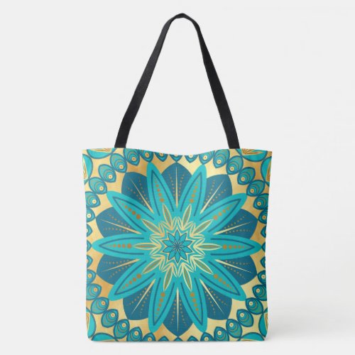 Blue Gold Flower Mandala Tote Bag