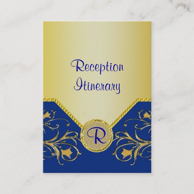 Blue & Gold Flowering Vines Monogram Wedding Enclosure Card (Front)