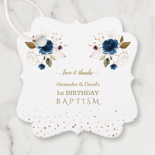 Blue Gold Flowers Boys Twins 1st Birthday Baptism  Favor Tags