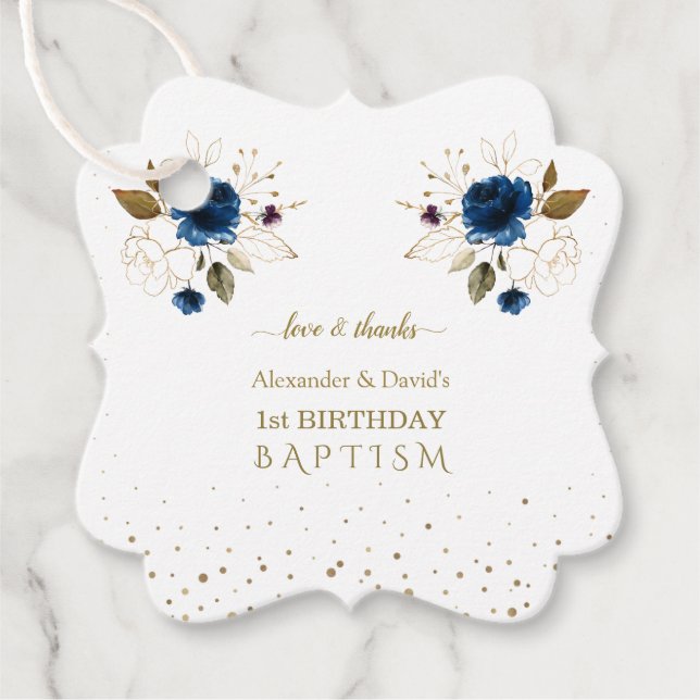 Blue Gold Flowers Boys Twins 1st Birthday Baptism  Favor Tags (Front)