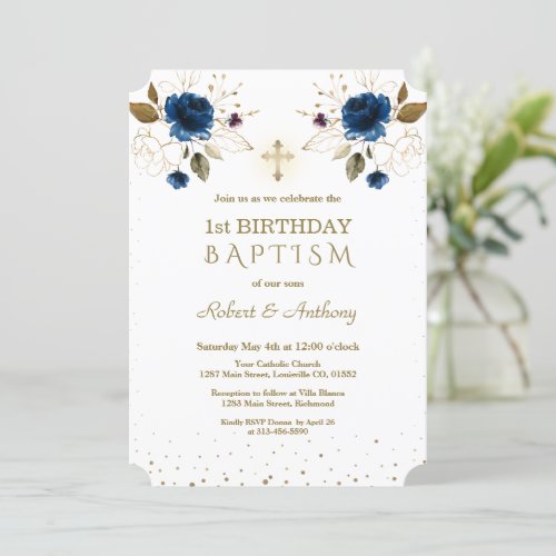 Blue Gold Flowers Boys Twins 1st Birthday Baptism  Invitation