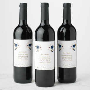 Blue Gold Flowers Boys Twins 1st Birthday Baptism Wine Label
