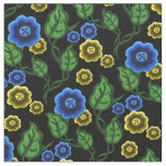 Blue/gold flowers/green leaves/Folk  floral/black Fabric