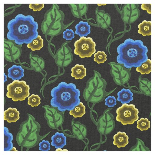 Blue/gold flowers/green leaves/Folk  floral/black Fabric
