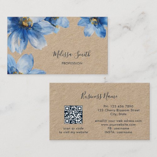 Blue Gold Flowers Rustic Business Card