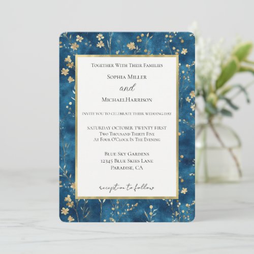 Blue Gold Flowers Wedding Invitation