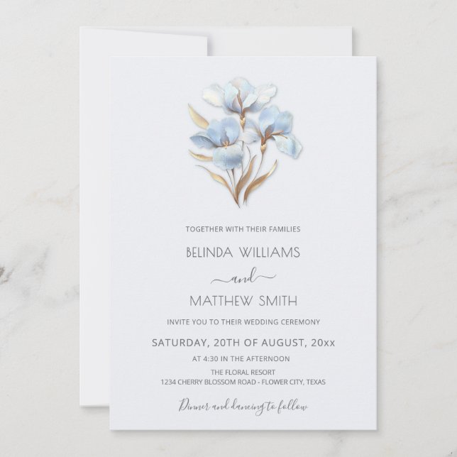 Blue Gold Flowers White Invitation (Front)
