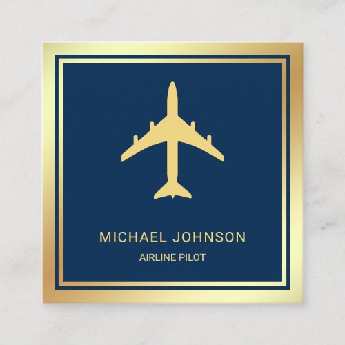 Blue Gold Foil Aircraft Airplane Airline Pilot Square Business Card