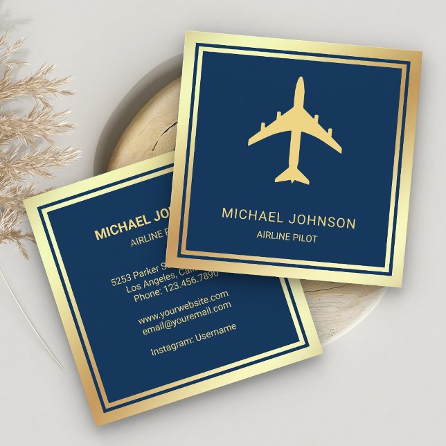 Blue Gold Foil Aircraft Airplane Airline Pilot Square Business Card (Creator Uploaded)