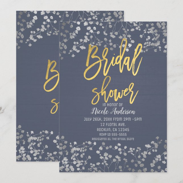 Blue Gold Foil Baby's Breath Modern Bridal Shower Invitation (Front/Back)