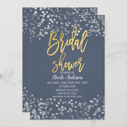 Blue Gold Foil Babys Breath Modern Bridal Shower Invitation