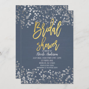 Blue Gold Foil Baby's Breath Modern Bridal Shower Invitation