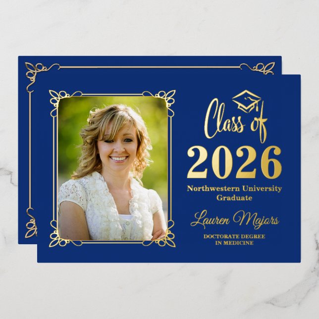 Blue Gold FOIL Class of 2026 Photo Graduation Foil Invitation (Front/Back)