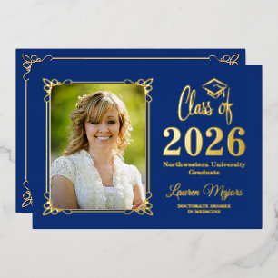 Blue Gold FOIL Class of 2026 Photo Graduation Invitation