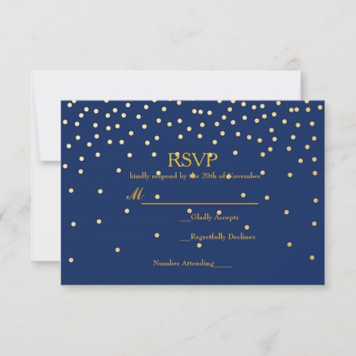 Blue  Gold Foil Confetti Dots Wedding RSVP Card