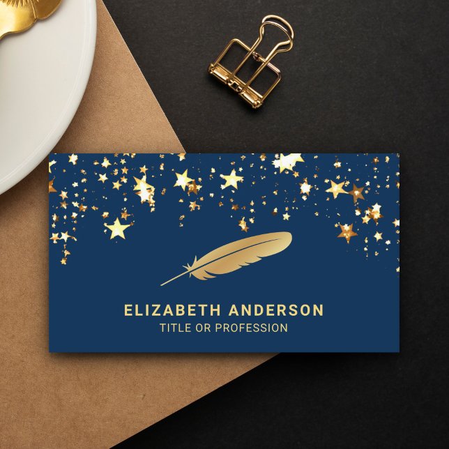 Blue Gold Foil Confetti Feather Vintage Quill Pen Business Card (Creator Uploaded)