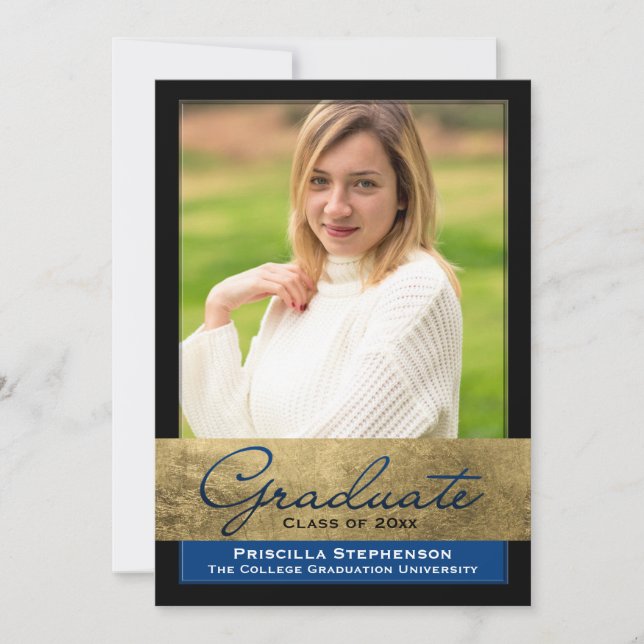 Blue Gold Foil Effect Photo Graduation Invitation (Front)