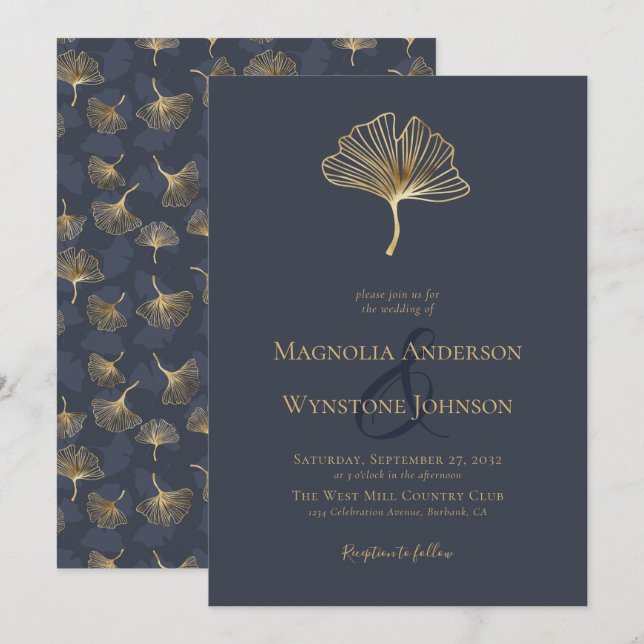 Blue Gold Foil Elegant Botanical Wedding  Invitati Invitation (Front/Back)