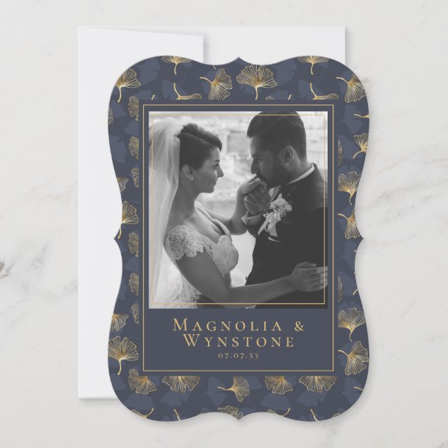 Blue Gold Foil Elegant Floral Photo Wedding Thank  Thank You Card (Front)