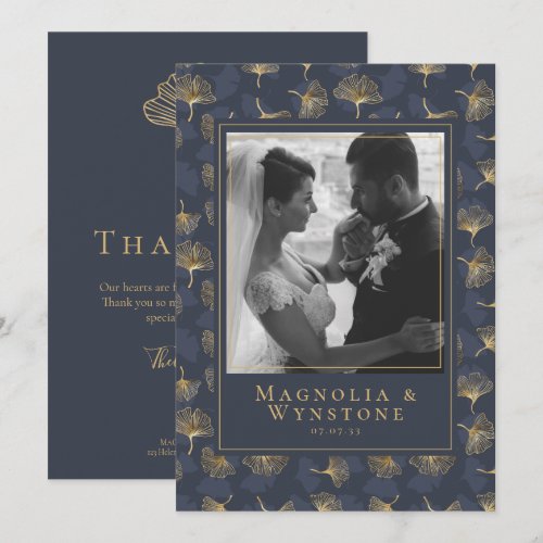 Blue Gold Foil Elegant Floral Photo Wedding Thank You Card