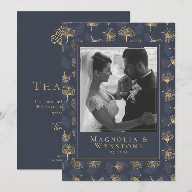 Blue Gold Foil Elegant Floral Photo Wedding Thank You Card (Front/Back)