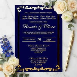 Blue gold foil frame wedding Spanish Invitation