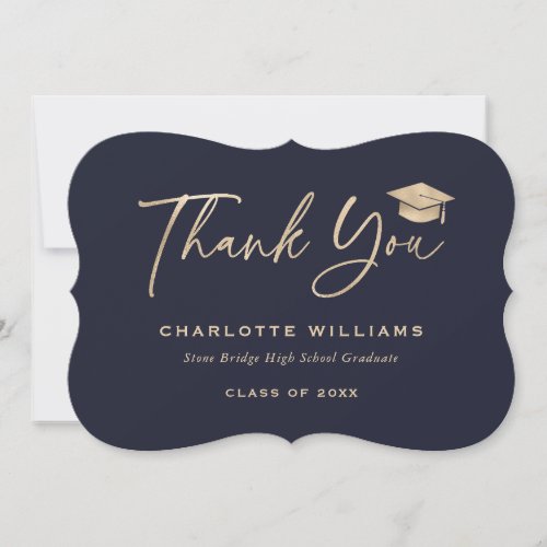 Blue Gold Foil Graduation Cap Elegant Thank You Card