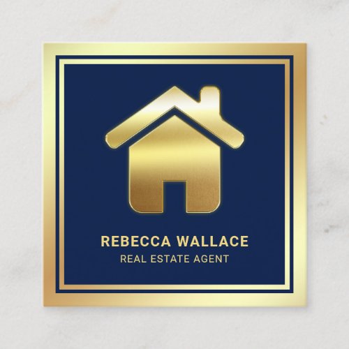 Blue Gold Foil Home Logo Real Estate Agent Square Business Card
