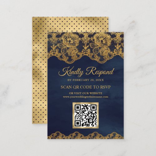 Blue Gold Foil Lace QR Code RSVP Wedding Website Enclosure Card
