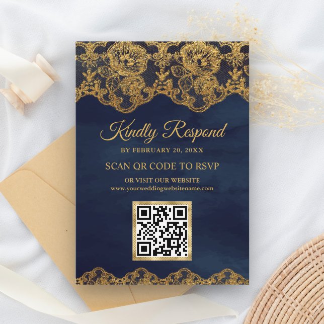 Blue Gold Foil Lace QR Code RSVP Wedding Website Enclosure Card (Creator Uploaded)
