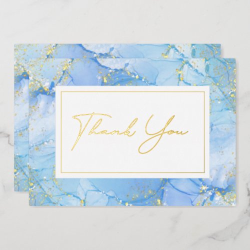 Blue  Gold Foil Marbleized Wedding Thank You Card