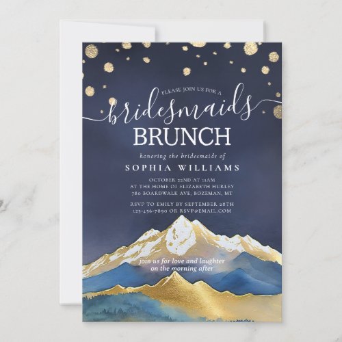 Blue Gold Foil Mountain Wedding Bridesmaids Brunch Invitation