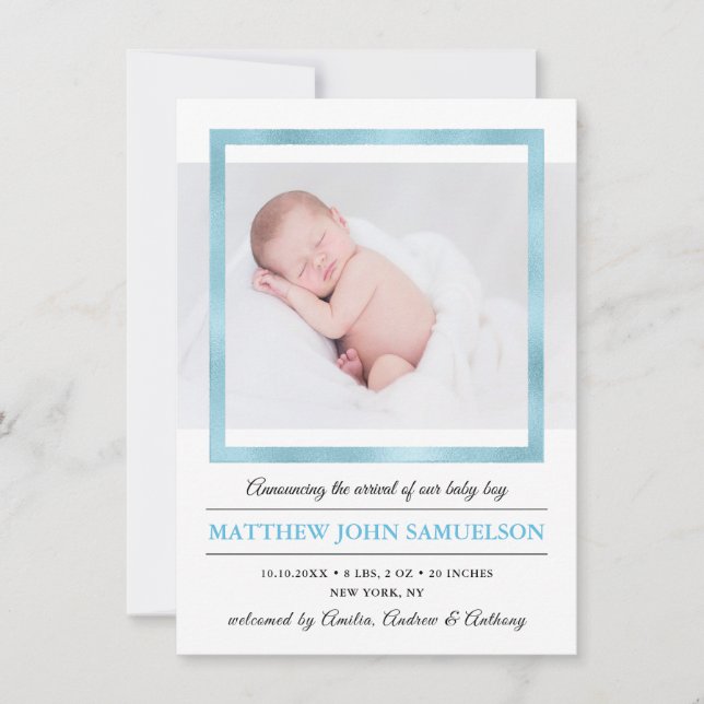 Blue Gold Foil New Baby BOY Birth Stats Announcement (Front)
