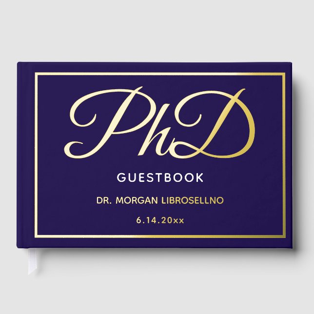 Blue Gold Foil PhD Graduation  Foil Guest Book (Front)
