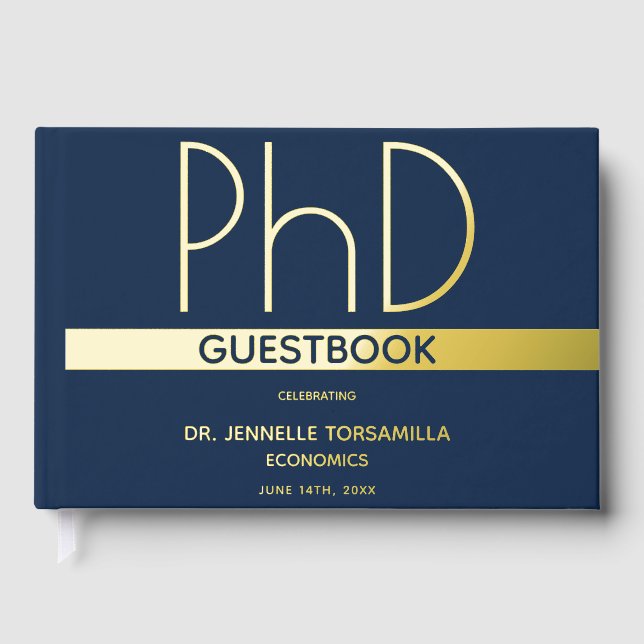Blue Gold Foil PhD Graduation Guest Book (Front)