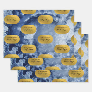 Blue Gold Foil Sea Crystals Signature Script Wrapping Paper Sheets