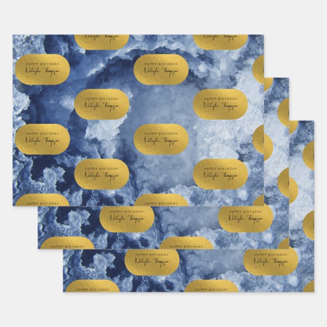 Blue Gold Foil Sea Crystals Signature Script Wrapping Paper Sheets (Set)