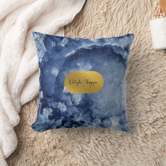 Blue Gold Foil Sea Crystals Signature   Throw Pillow (Blanket)