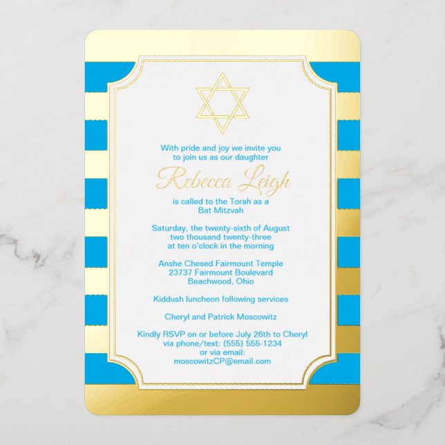 Blue, Gold Foil Striped Star Bat Mitzvah Invite (Front)
