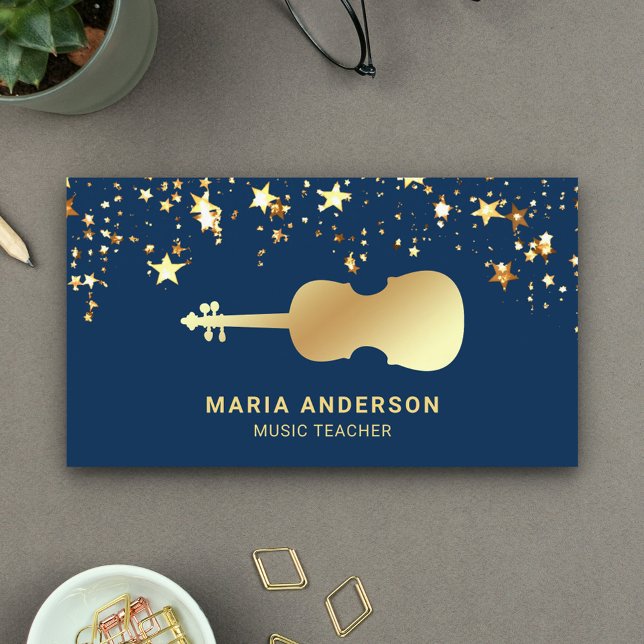 Blue Gold Foil Violin Music Teacher Violinist Business Card (Creator Uploaded)