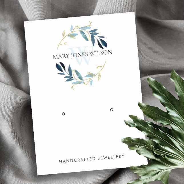 BLUE GOLD FOLIAGE MONOGRAM EARRING DISPLAY LOGO BUSINESS CARD (Creator Uploaded)