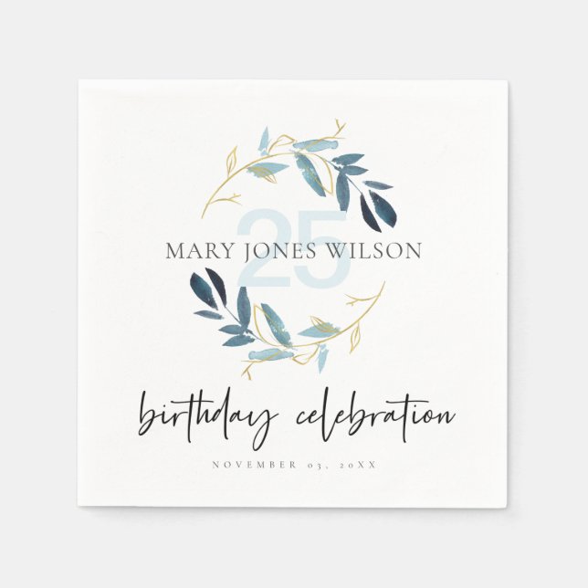 BLUE GOLD FOLIAGE WREATH ANY AGE 25TH  BIRTHDAY NAPKINS (Front)