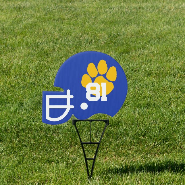 Blue & Gold Football Number Helmet Yard Cheer Sign (Insitu)