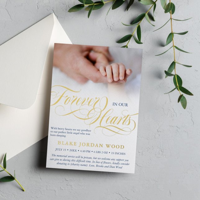 Blue Gold Forever In Our Hearts Baby Memorial Foil Invitation (Creator Uploaded)