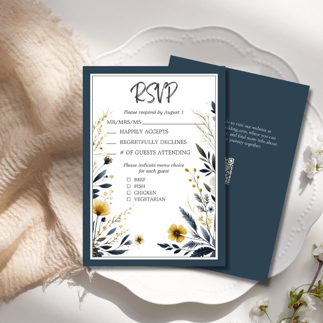Blue Gold Formal Elegant Floral Wedding RSVP (Blue and Yellow Wildflowers Floral Elegant Wedding RSVP Card, with QR code for wedding website.)